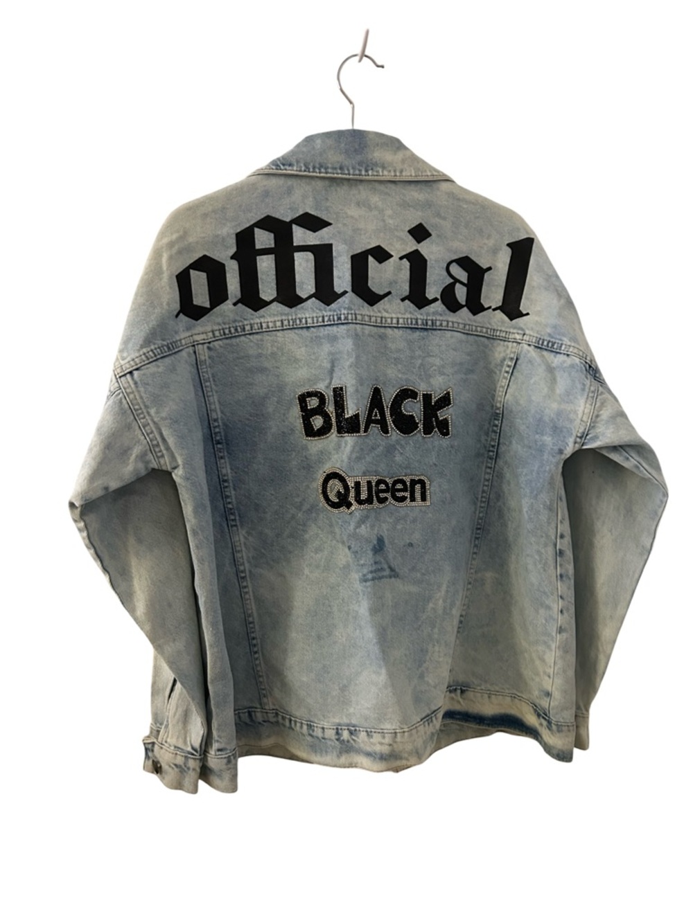 Boohoo Light Blue Denim Jacket with Black 'official' & 'Black Queen' Graphics